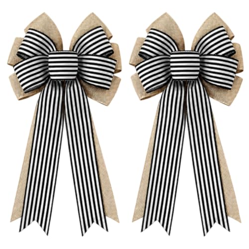 Black White Stripe Halloween Fall Bows - 2 Pcs Rustic Wreath Decorations - Variation of Black White