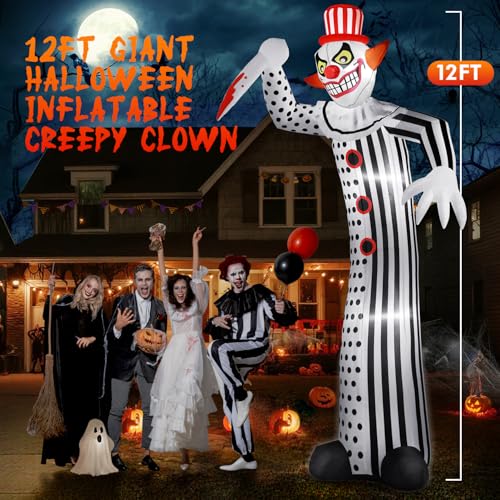 12Ft Giant Creepy Clown Halloween Inflatable with LED Lights for Outdoor Yard Decor
