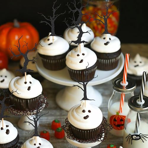 Halloween Cupcake Topper Haunted Forest Spooky Tree Glitter Decor