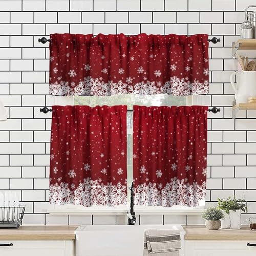 Christmas Curtains Valances Set 3 Pieces - Red Snowflake Holiday Window Decor 27"W x 24"L