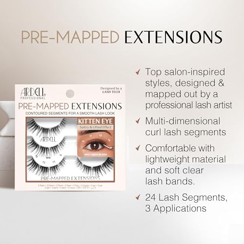 Pre-Mapped False Eyelash Extensions Kitten Eye - Reusable Segmented Lashes, Natural Look, 3 Pack