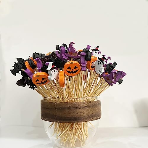 Halloween Cocktail Picks Set - 100 Wooden Skewers with Ghost, Pumpkin, Bat, Spider, Hat, Trick or Treat Designs