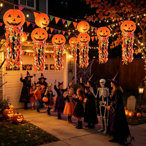 Orange Halloween Pumpkin Hanging Paper Lanterns Set - 12 Pieces Party Decor