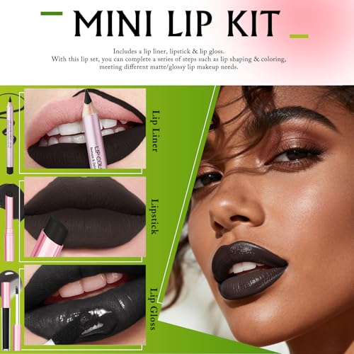 3 Pack Black Lip Combo Set - Matte Lip Liner, Lipstick & Gloss - Variation B- Set 5