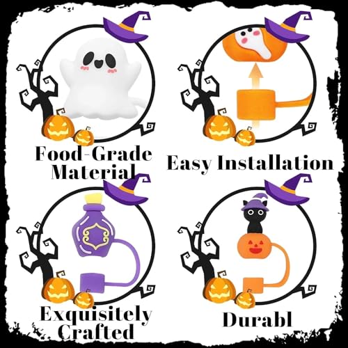 Halloween Drinking Straw Covers Set - 8 Silicone Toppers for Tumblers