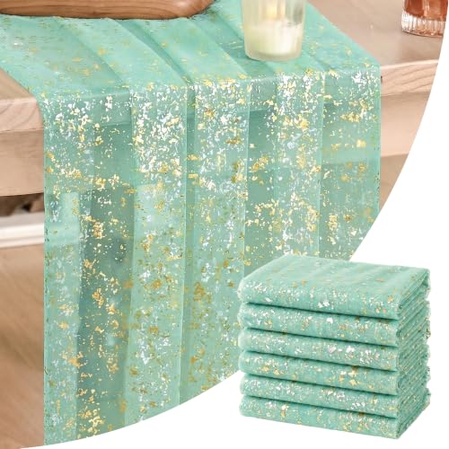 28x120 Inch Turquoise Gauze Gold Table Runner Set - 6 Pieces Wedding Party Decor