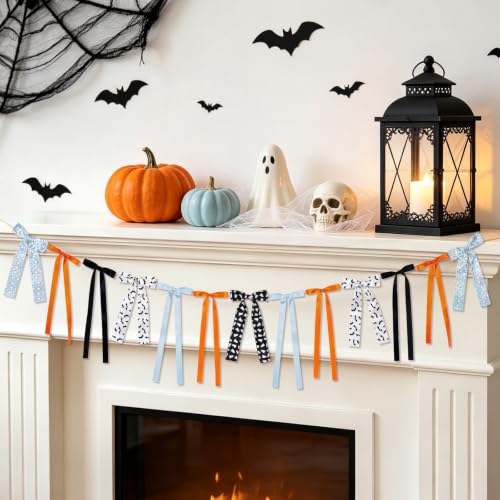 Halloween Bow Garland Banner - Orange Blue Ghost Bat Decor, 13 Bows, 6.88 ft