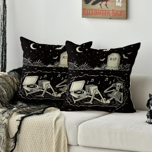 Halloween Skeleton Pillow Covers Set of 2 - Black 18x18 Inches Decorative Throw Pillows