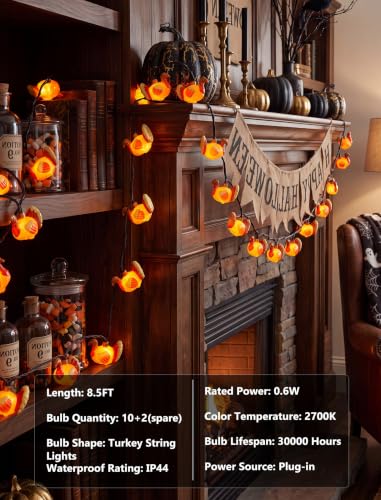 8.5FT Outdoor Thanksgiving Turkey String Lights - Waterproof, Plug-in, 10 LED Bulbs with Variation: Turkey Lights