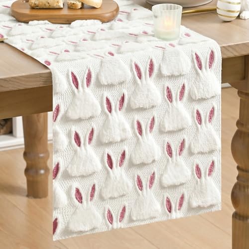 White Soft Plush Faux Fur Jacquard Easter Table Runner 13x36 Inch - Spring Holiday Home Decor