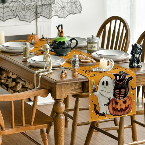 Halloween Table Runner 13x90 Inch - Orange Jack-O'-Lantern Ghost Black Cat Bat Decor