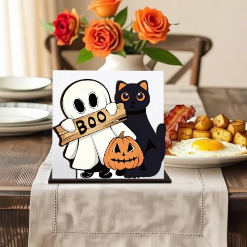 Halloween Wooden Napkin Holder Boo Ghost Black Cat - Variation G