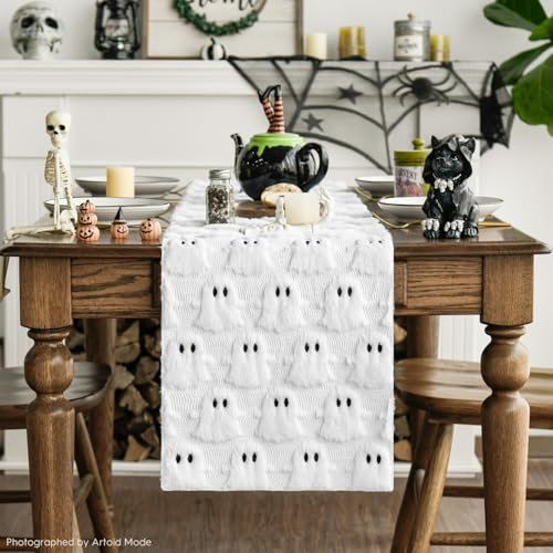 White Faux Fur Ghost Halloween Table Runner 13x72 Inch - Artoid Mode Variation