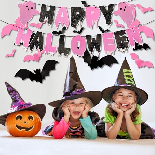 Halloween Pink Black Banners & 3D Bat Stickers Set for Indoor Wall Decor - Halloween Party Decorations - Variation of THIS listing
