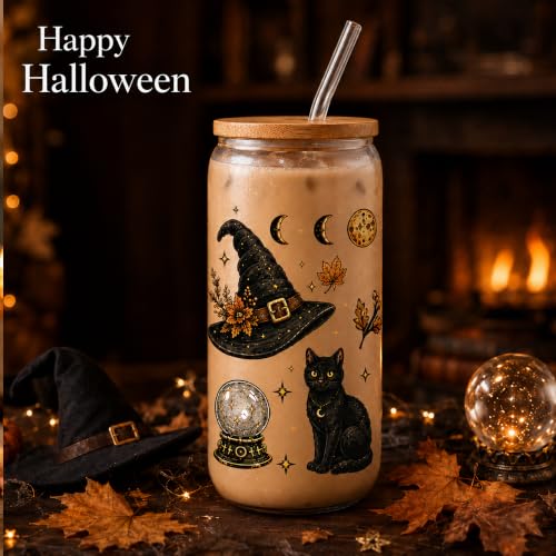Halloween Glass Cup with Lid & Straw - 16oz Witch Design, Gift Set