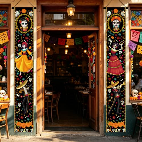 Day of the Dead Door Decorations 2 Pack - Halloween & Fiesta Porch Banners