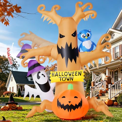 8 FT Halloween Inflatable Dead Tree Decoration with Owl Ghosts Pumpkins & LED Lights - Movable