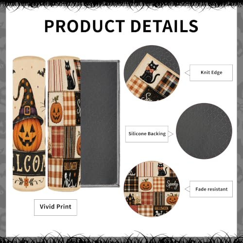 Halloween Patchwork Kitchen Rugs Set - Cat Ghost Pumpkin Floor Mats, 2 Pieces - Halloween Decor