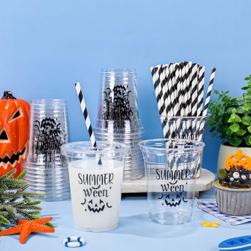 Summerween Disposable Plastic Cups Set with Lids & Straws - Black Pumpkin 12oz, 50 Pack