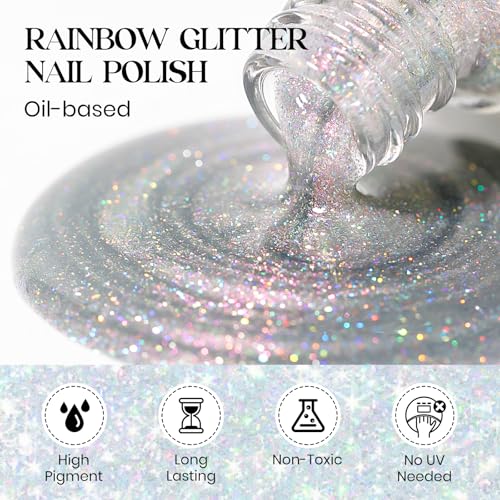 Rainbow Glitter Nail Polish - Quick Dry, Iridescent, 15ml - Glitter Rainbow Variation