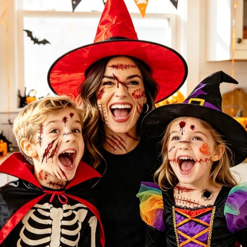 Halloween Fake Scar Tattoos for Face & Body - 18 Large Sheets, Realistic Horror Effects