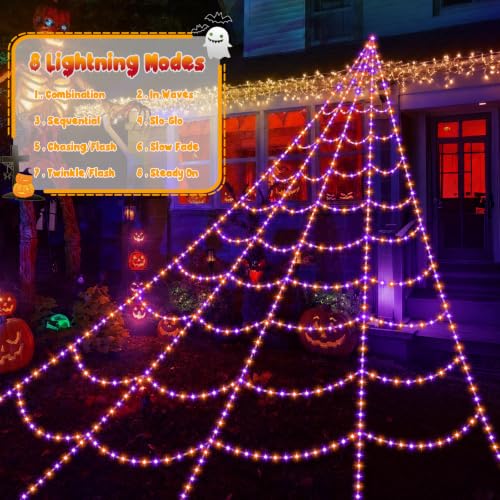 Halloween Spider Web Lights with 455 LEDs and Remote Control - 16.4Ft Outdoor Indoor Decoration