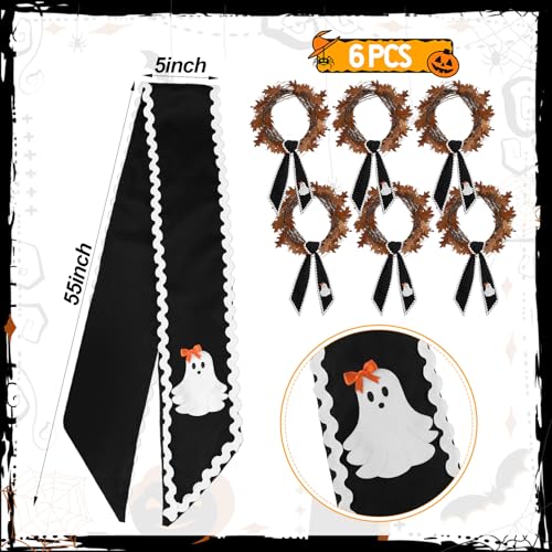Halloween Ghost Wreath Sash Set - Black Scalloped Front Door Decor, 6 Pieces, Ghost Pattern