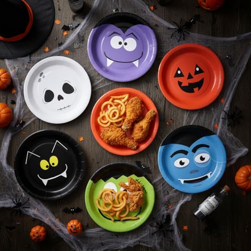 48 Pcs Halloween Paper Plates Set - Disposable Party Dinnerware with Pumpkin, Ghost, Skeleton, Bat & Cat Designs - 9 Inch