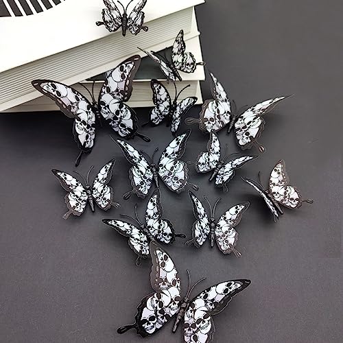 Halloween Butterfly Wall Sticker with Skull Design - Black 3D Decorations, 24 Pcs