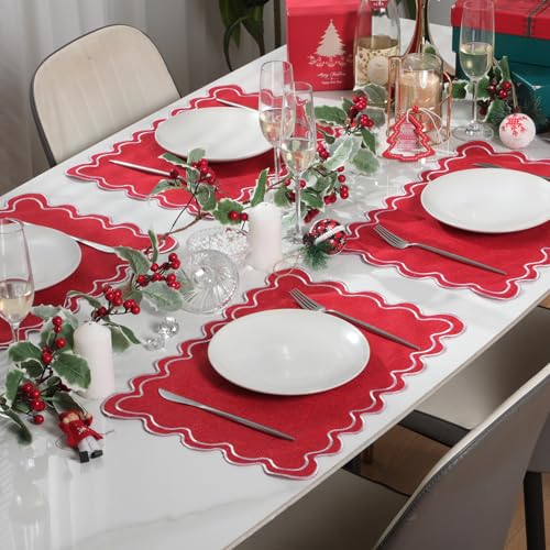 12-Pack Linen Placemats Set - Red, 13x19-inch Wavy Embroidered, Double Layer