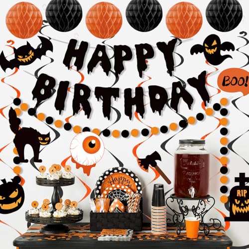 Halloween Birthday Decorations Banner Black Orange - Spooky Party Supplies