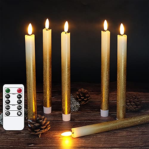 Gold Flickering Flameless Taper Candles with Remote & Timer - 6 Pack