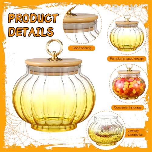 Halloween Pumpkin Glass Candy Jars with Bamboo Lids - 20 oz Set of 2