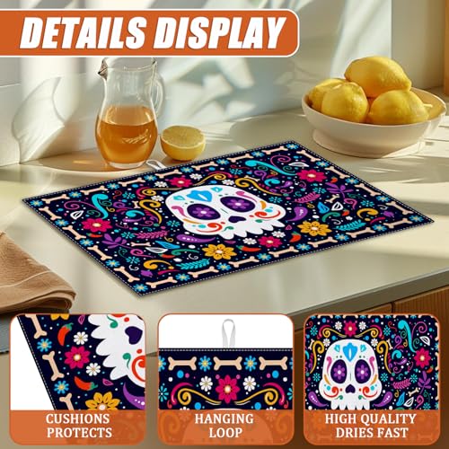 Sugar Skull Dish Drying Mat for Kitchen Counter - Microfiber Absorbent & Reusable