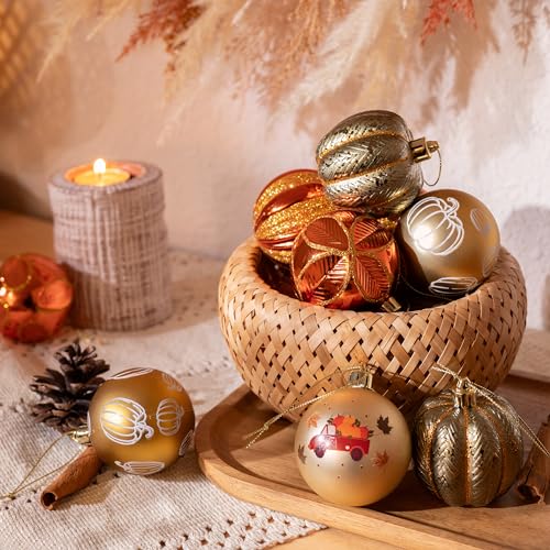 Fall Pumpkin Ornaments Set - 12 Shatterproof Harvest Tree Decorations 1.97 Inch