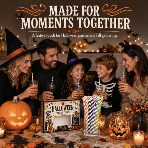 Halloween Paper Straws Pack - 100 Striped Party Drink Stirrers for Fall Events - Orange, Purple, Black & Green