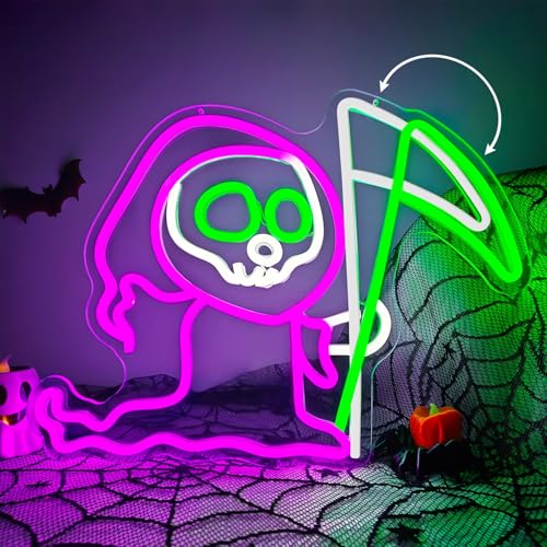 Halloween Grim Reaper Neon Sign with Swinging Scythe - Ghost LED Wall Decor