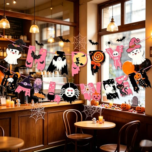 Pink Halloween Banner Set for Party Decorations - Ghost, Pumpkin, Bat, Witch Themes