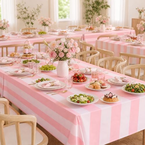 Pink and White Striped Tablecloths 54x108 Inches - 3 Pack, Waterproof & Disposable, Vertical Pink Stripe