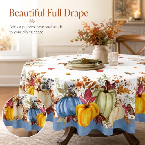 Yellow and Blue Fall Round Tablecloth 60 Inch Autumn Pumpkin & Maple Leaf Decor