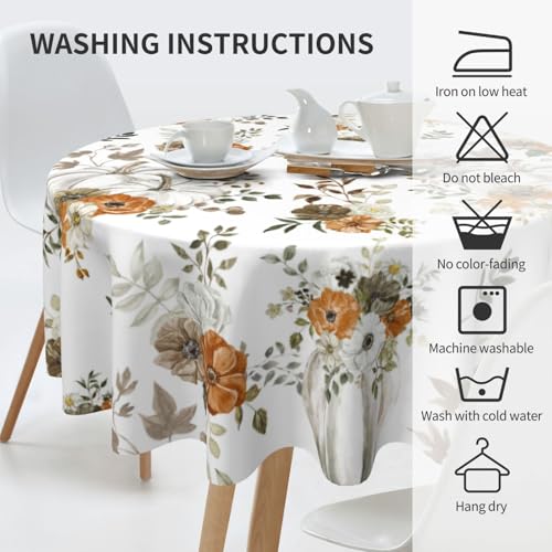 Round Fall Tablecloth 60-Inch Grey Pumpkins & Leaves - Watercolor Autumn Cover