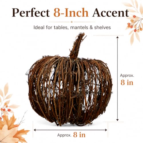 8 Inch Rattan Wicker Pumpkin Decor - Fall Halloween Seasonal Accent
