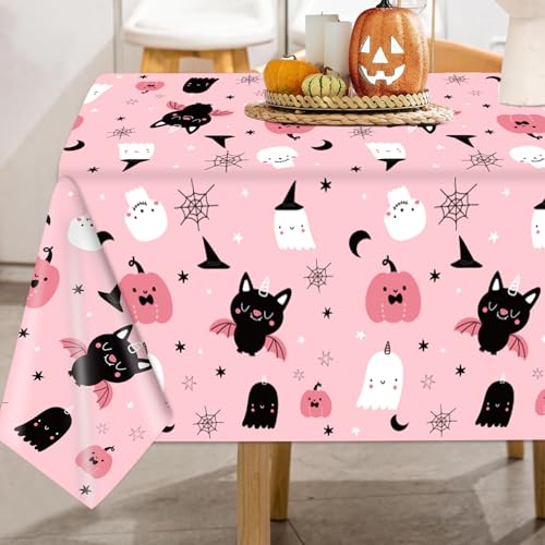 Pink Halloween Plastic Tablecloth 54x108 Inch - 3 Pack, Ghost Pumpkin Bat Design, Disposable Party Decor