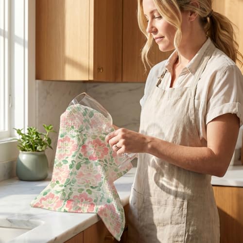 Watercolor Floral Kitchen Towels Set - Pink & Green Dish Cloths, Multi 1413, 4 Pack