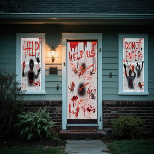 Halloween Decorations Stickers Set with Door Cover and Window Decals - Bloody Horror Theme