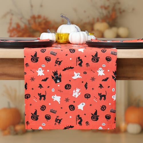 Halloween Table Runner 14x90 in Orange Black Cotton Haunted House Decor