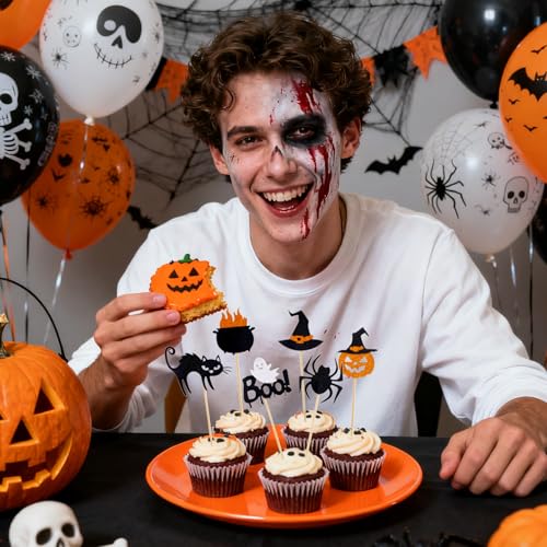 Halloween Cupcake Toppers Set - 24 Glitter Spider Ghost Pumpkin Cake Picks