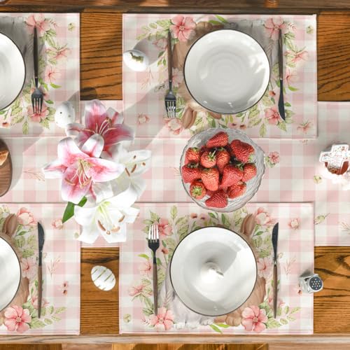 Pink Bunny Rabbit Flowers Easter Placemats Set of 4 - 12x18 Inch Spring Table Decor