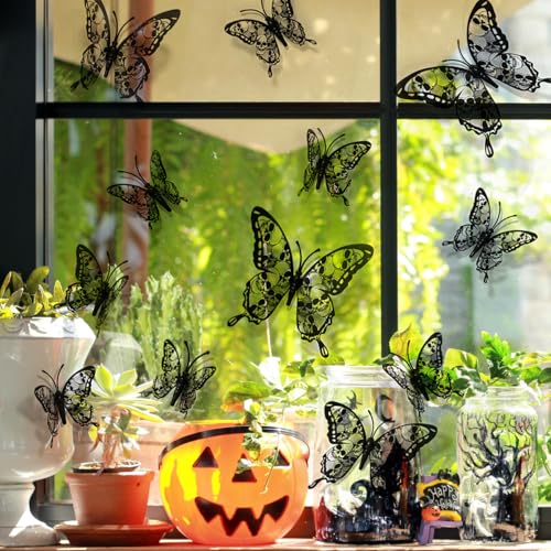 Halloween Wall Sticker Butterfly Decals with Skull Design - 24PCS Black Bats Variation