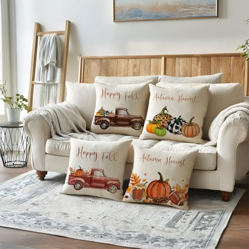 Coffee 2-Pack Fall Pumpkin Truck Throw Pillow Covers 18x18 Inches Farmhouse Decor
